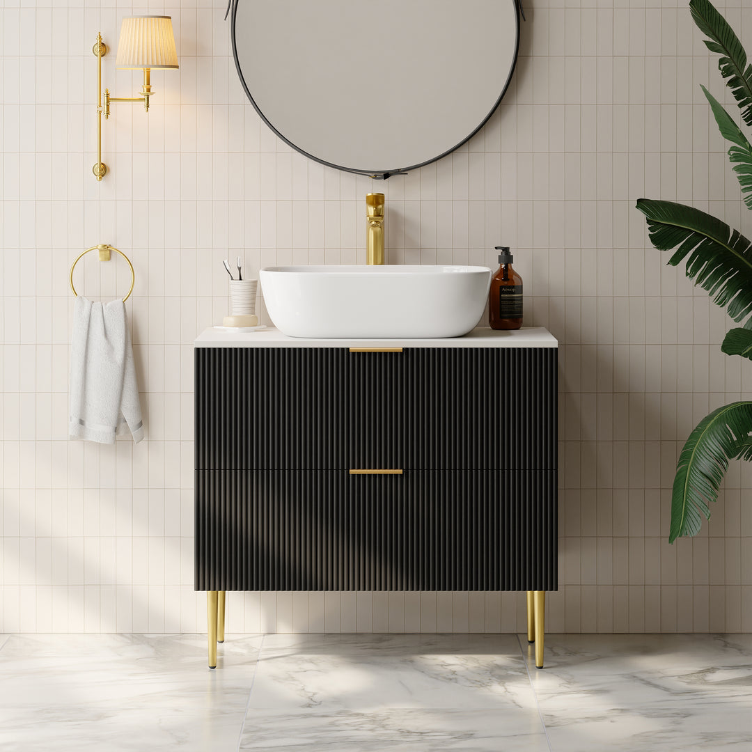 800mm Black Single Fluted Bathroom Vanity with Vessel Sink and 2 Drawers