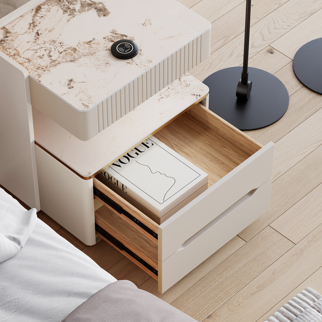 Modern Smart Nightstand with Wireless Charger & Sensor Light & Bluetooth Speakers Sintered Stone Bedisde Table