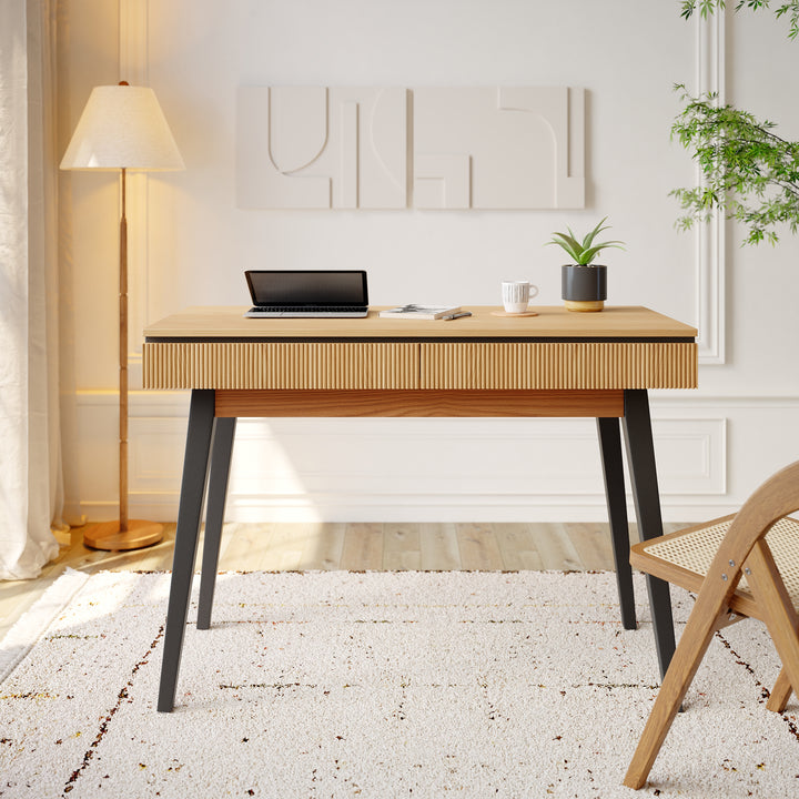 1100mm Natural Modern Desk with 2 Drawers & Tapered Legs