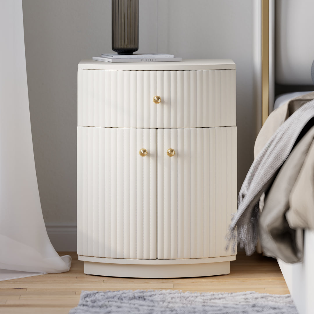 Modern Barrel White Fluted Nightstand in Faux Leather Bedside Table with Storage