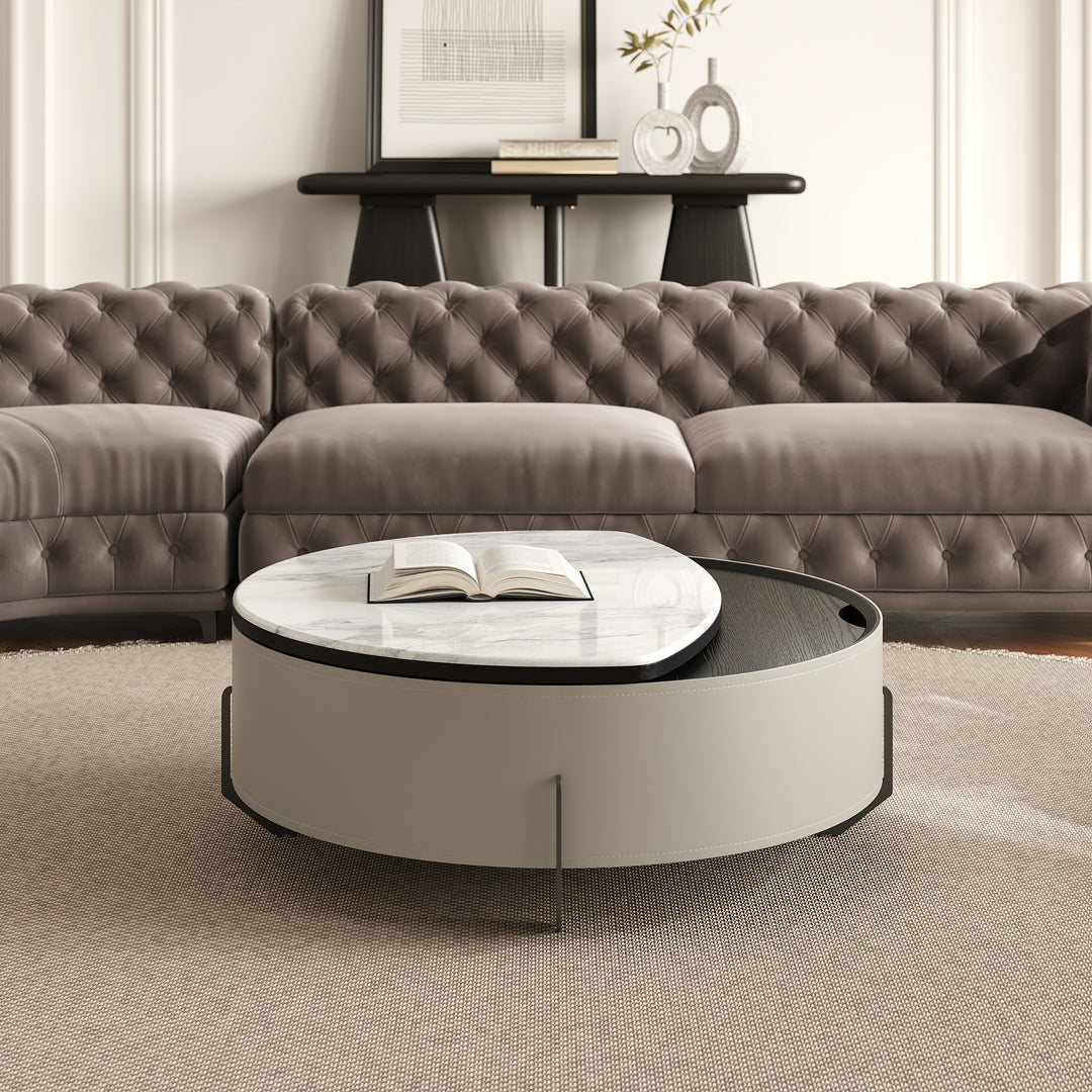 Round Lift-Top Coffee Table with Modern Faux Marble Tabletop and Leather Side