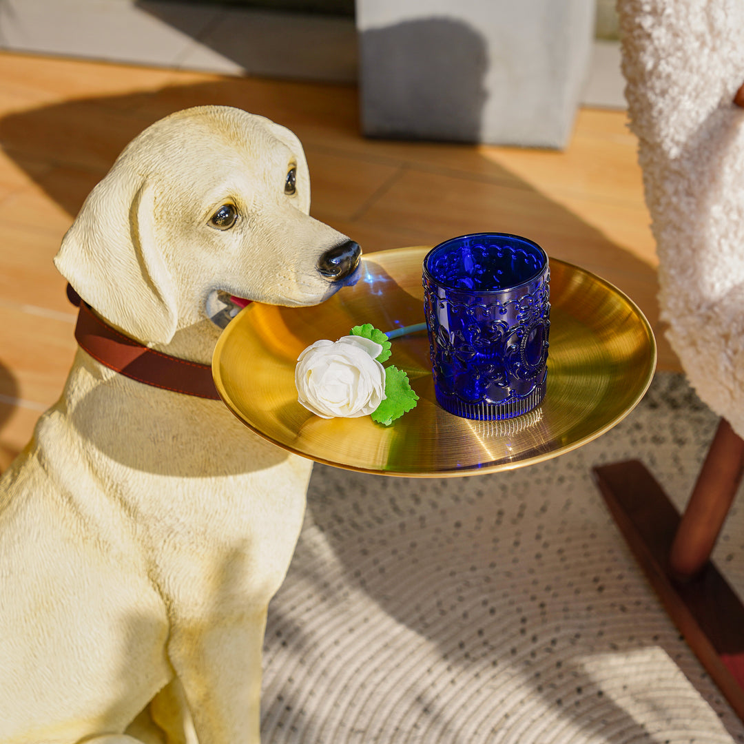 Modern Beige Resin Dog Sculpture Cute End Side Table with Stainless Steel Storage Tray