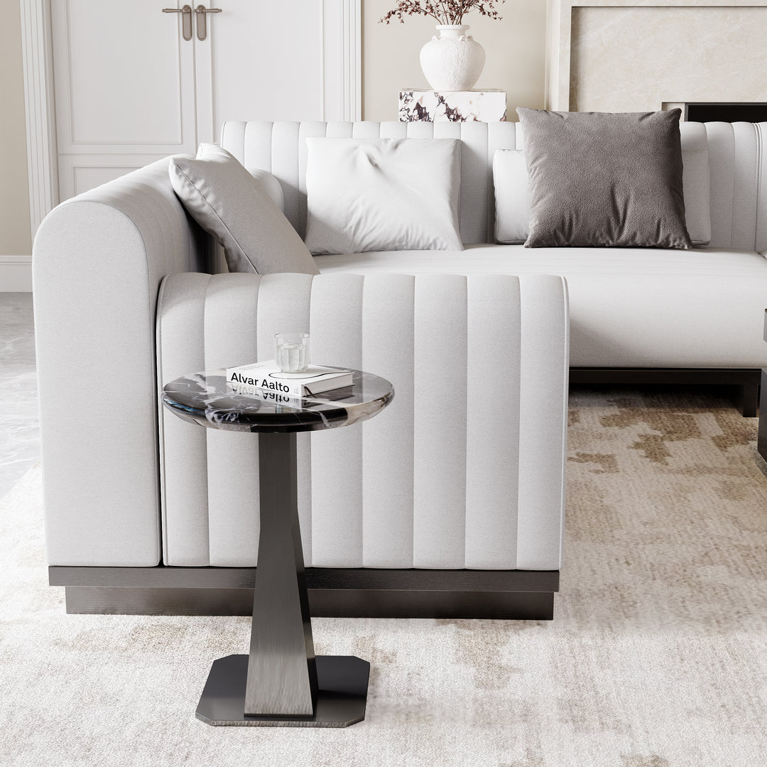 Marble Top C-shape Side Table Modern Black & Silver End Table