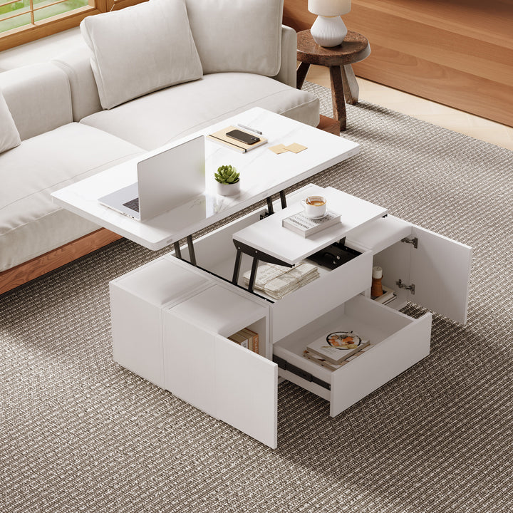 Modern White Lift Top Marble Coffee Table with Drawers & Storage Multifunction Table