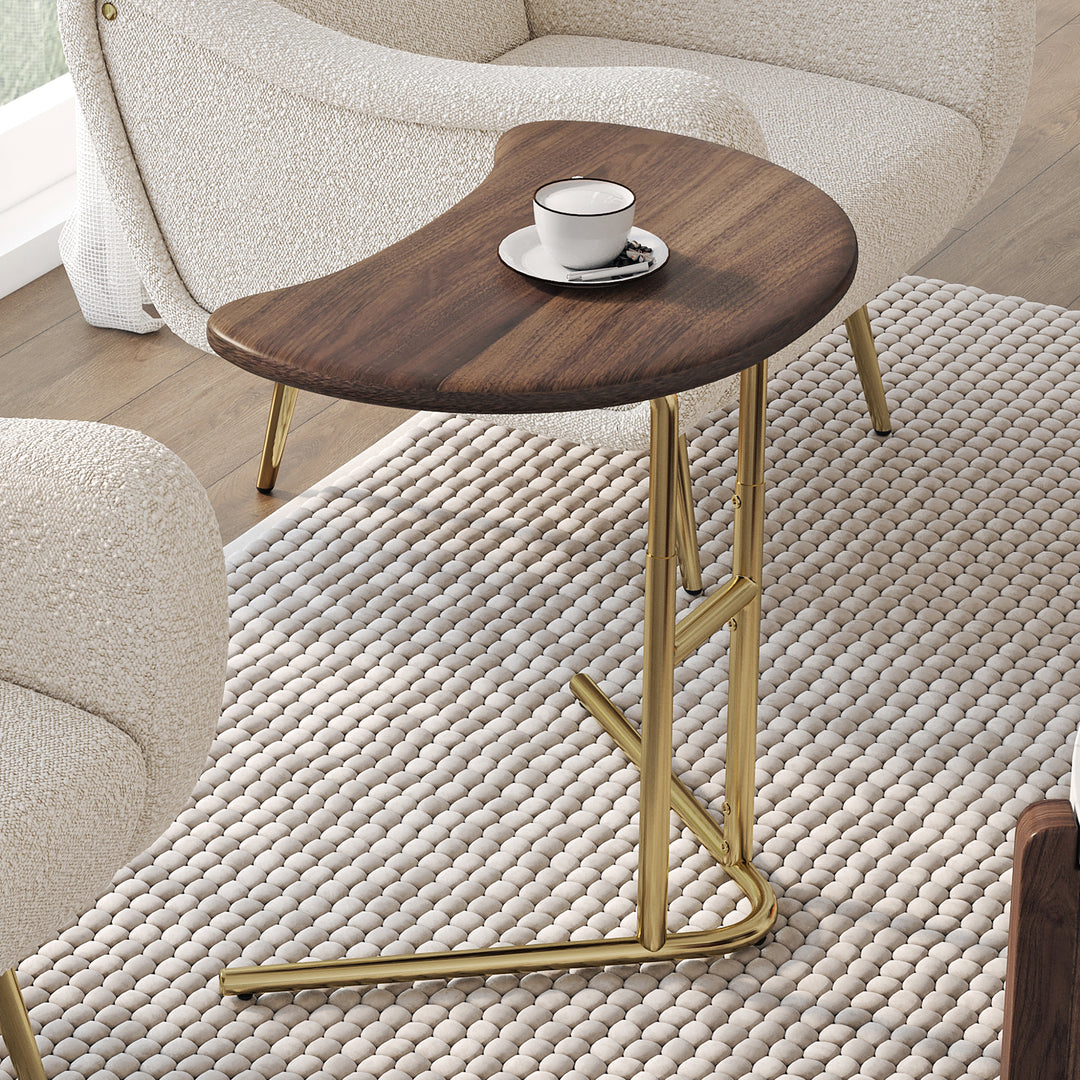 Lift Top Side Table Walnut & Gold C-shaped Adjustable End Table for Living Room