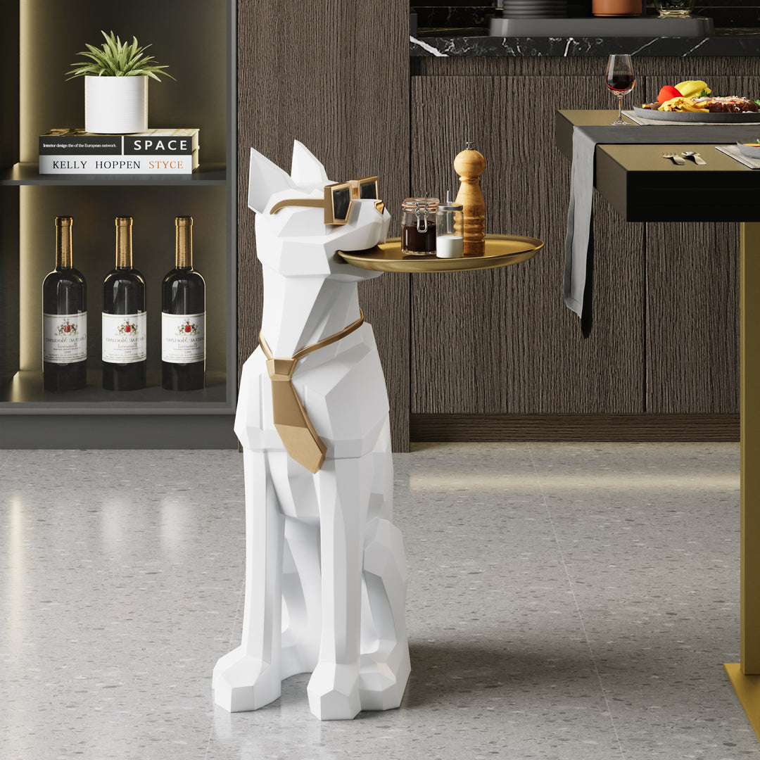 Homary Modern White Resin Dog Sculpture Cute End Side Table with Metal Storage Tray Tissue Box