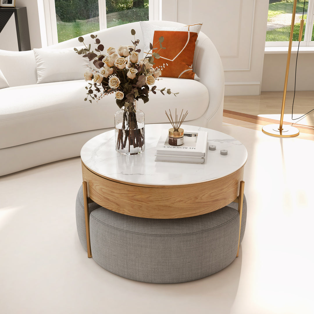 Round Lift-Top Wood Coffee Table Set with Storage White & Natural with Stools