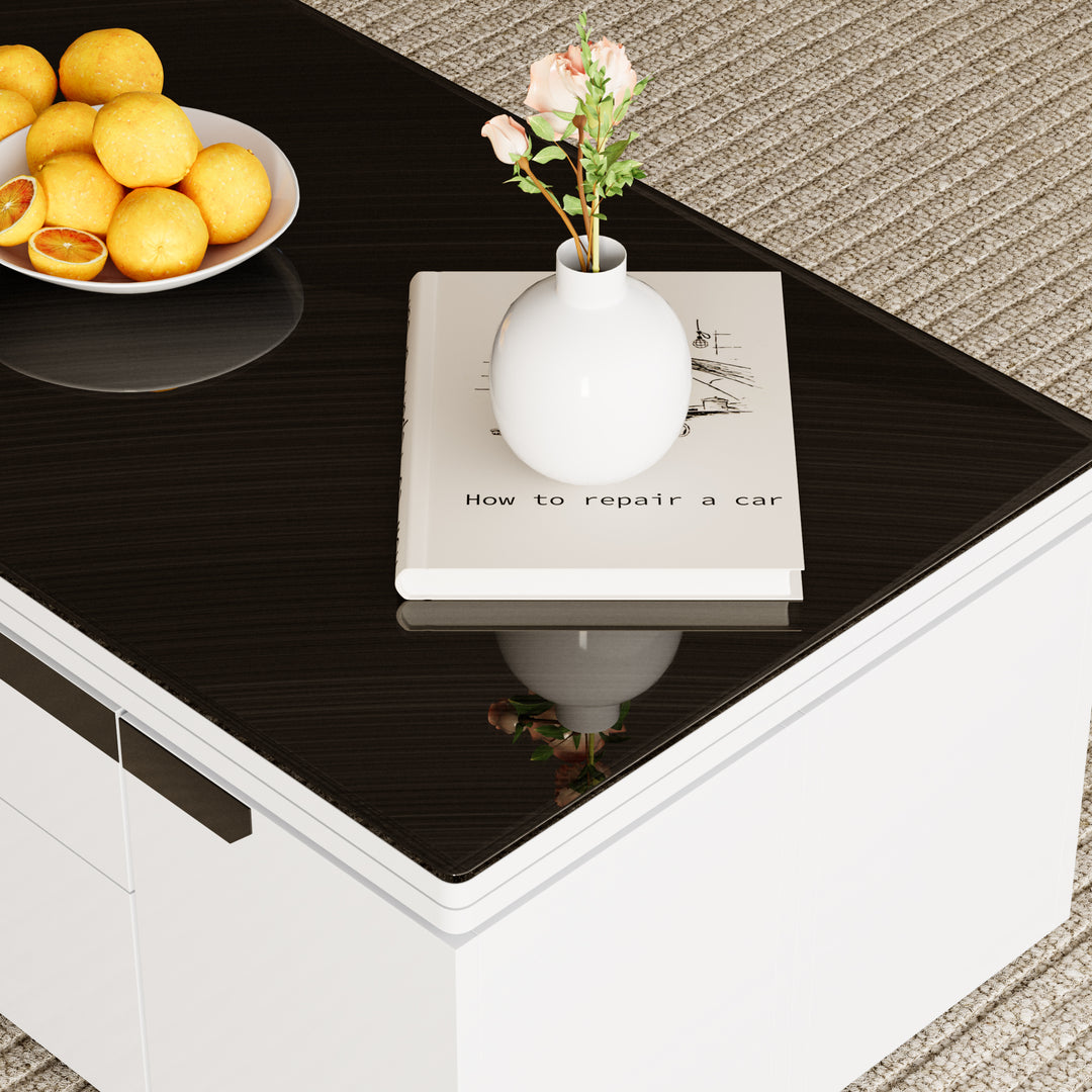 Modern White Lift Top Glass Coffee Table with Drawers & Storage Multifunction Table