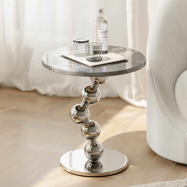 500mm Silver Side Table Round Faux Marble Top Chrome Base