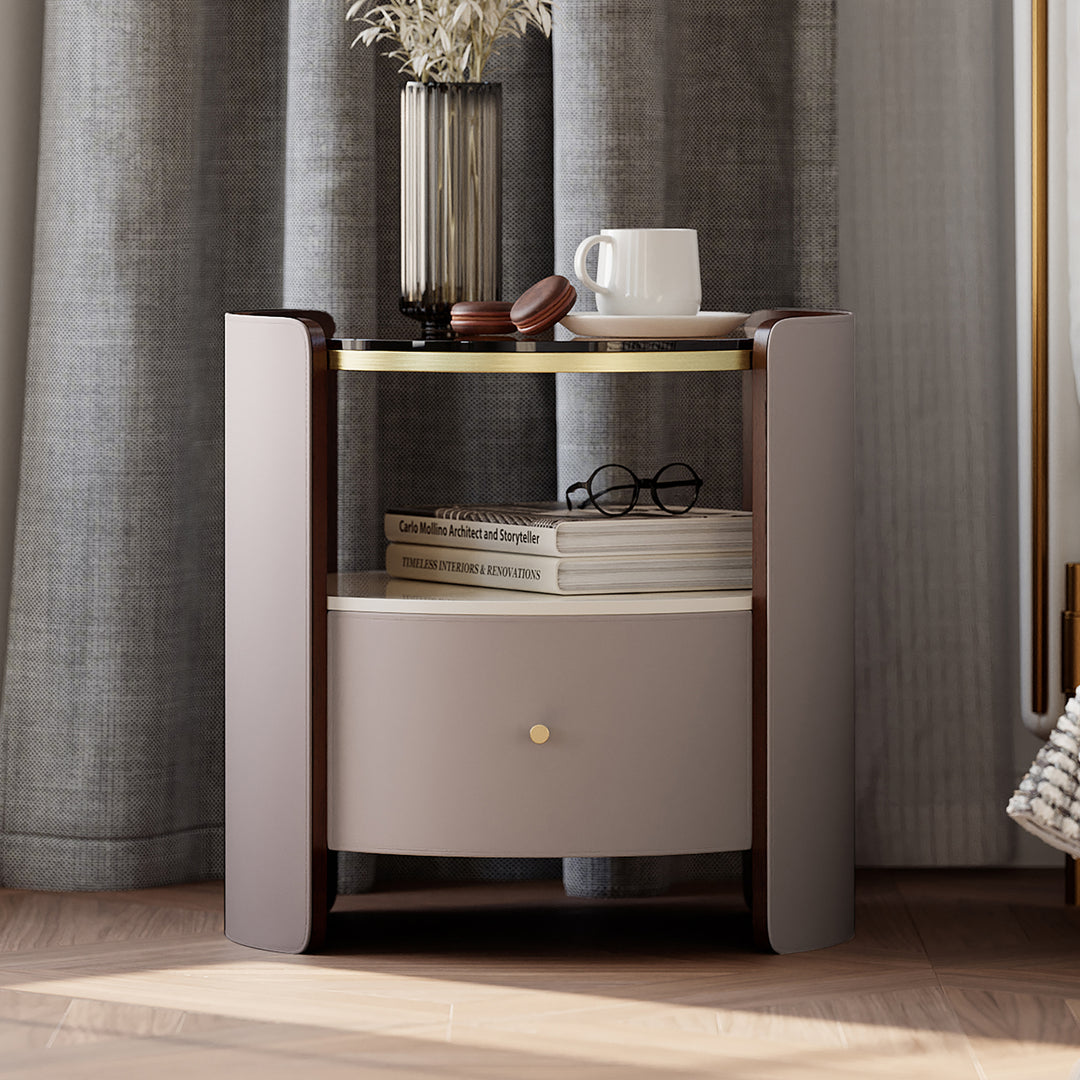 Modern Round Grey Leather Nightstand with Glass Top & Sintered Stone Bedside with Shelf