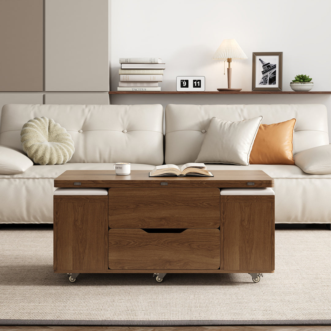 Modern Walnut Lift Top Coffee Table 4 in 1 with Storage Ottoman Foldable and Casters