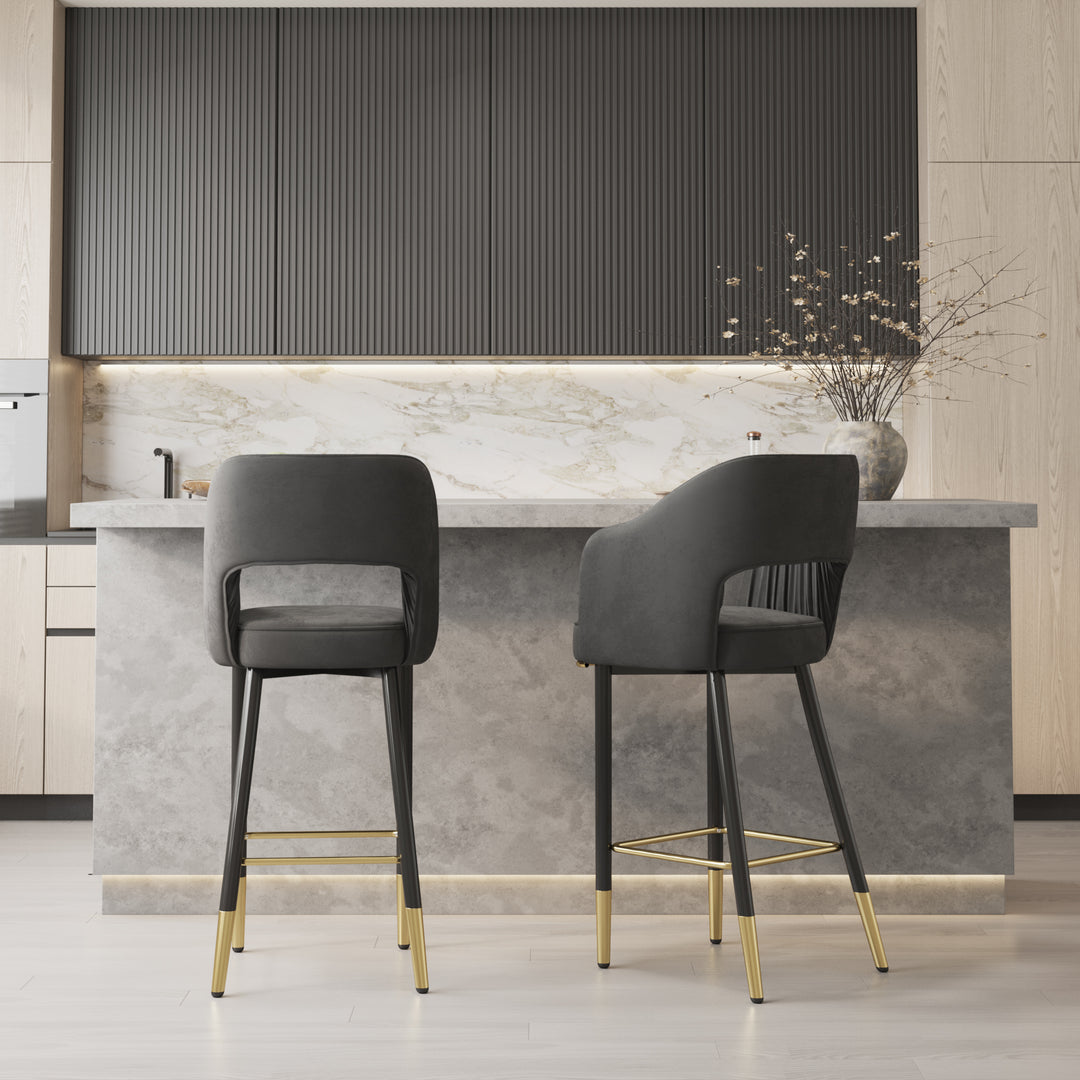 Modern Velvet Upholstered Bar Stool Gray with Low Back & Footrest