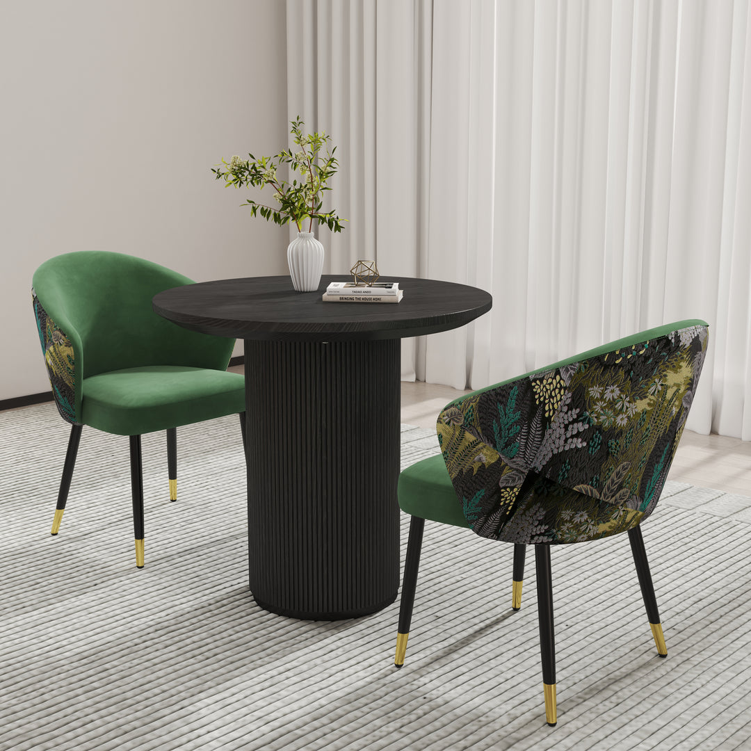 Japandi 800mm Round Small Dining Table & 2 Green Upholstered Velvet Dining Chairs Set