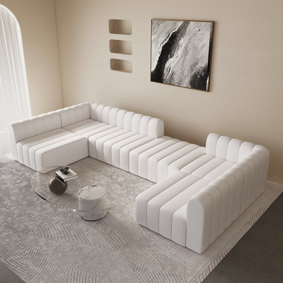 3020mm White Microfiber Leather Modular Pit Sectional Sofa Set Convertible 6-Seater