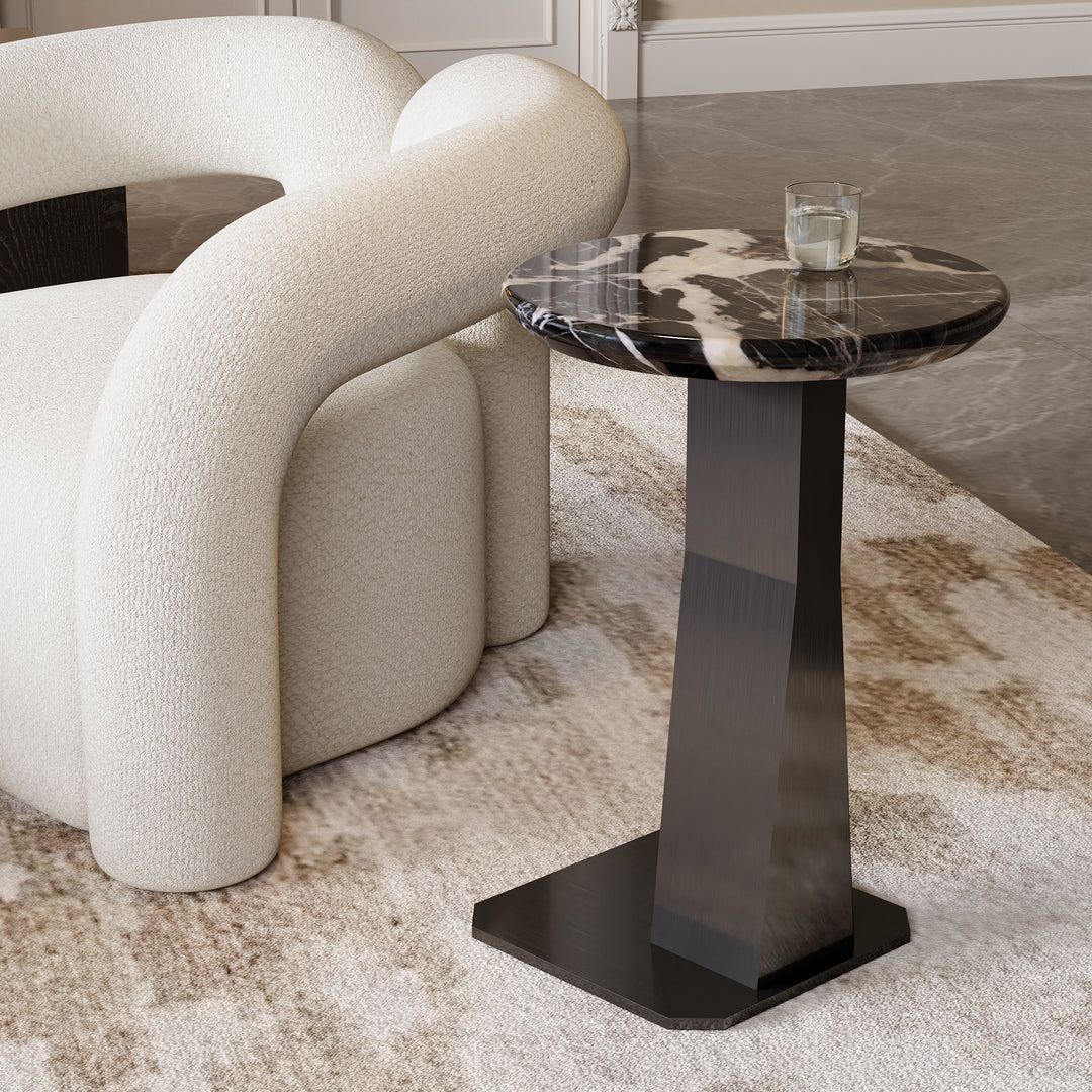 Marble Top C-shape Side Table Modern Black & Silver End Table