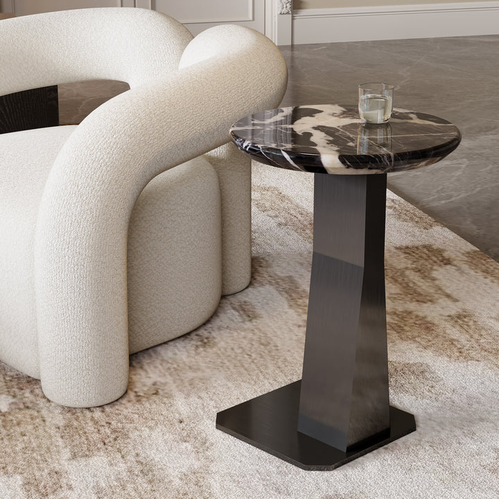 Marble Top C-shape Side Table Modern Black & Silver End Table