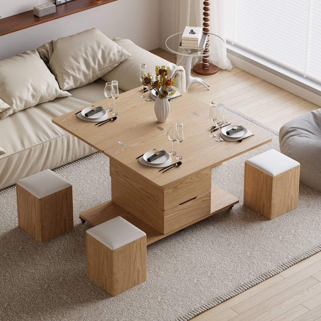 Modern Natural Lift Top Coffee Table 4 in 1 with Storage Ottoman Foldable and Casters