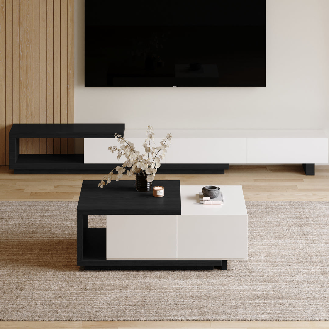 Quoint 1750mm Modern White & Black Coffee Table Retracted & Extendable with 2-Drawer