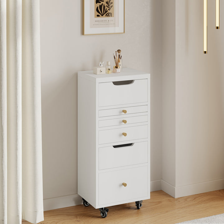 5-Drawer Beauty Cart Tall Dresser with Lighted Mirror Jewelry Storage Cabinet