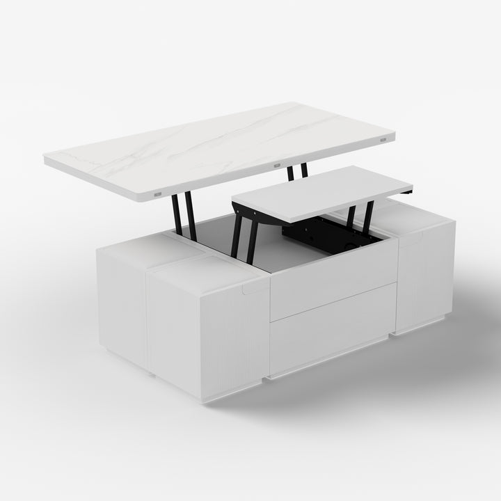 Modern White Lift Top Marble Coffee Table with Drawers & Storage Multifunction Table