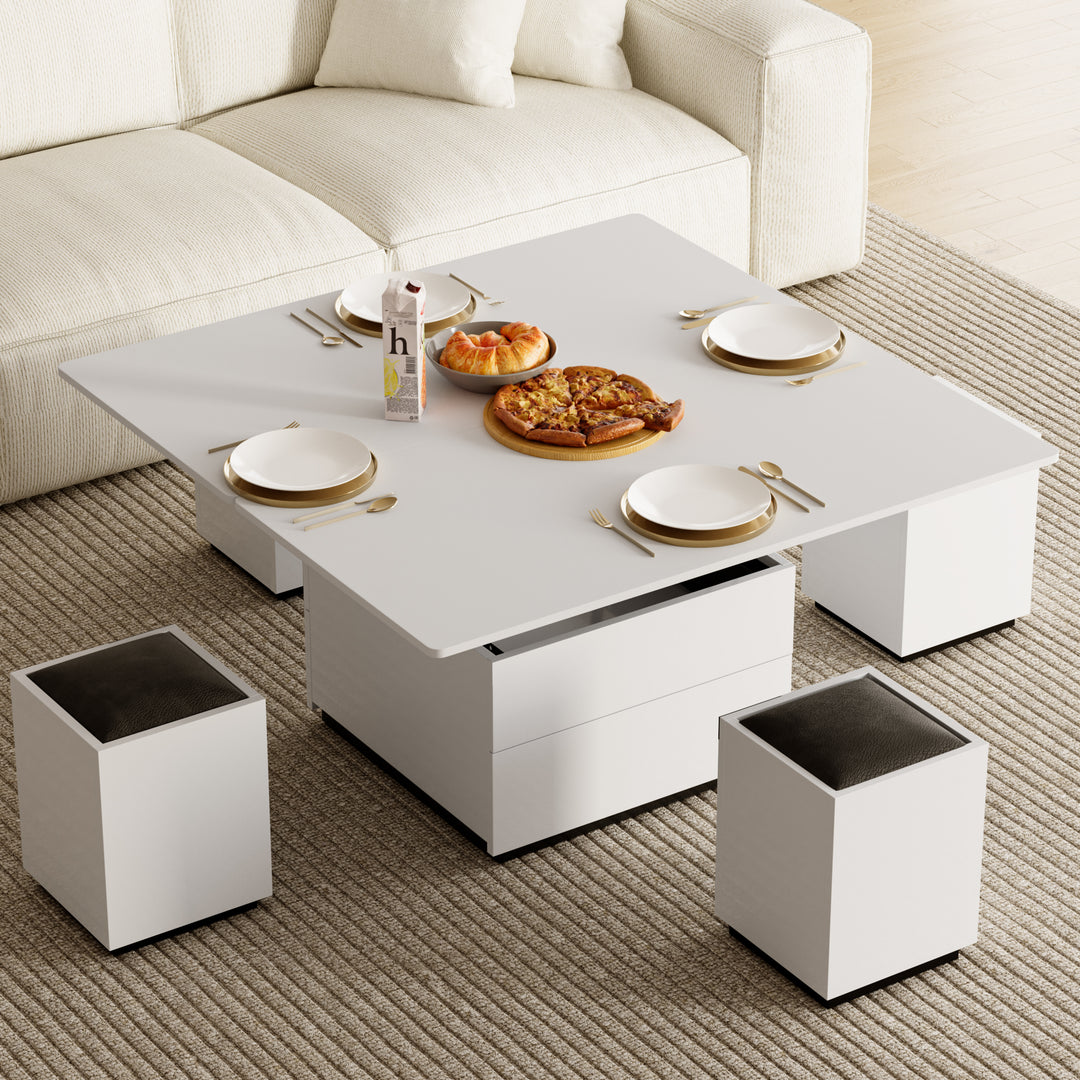 Modern White Lift Top Glass Coffee Table with Drawers & Storage Multifunction Table