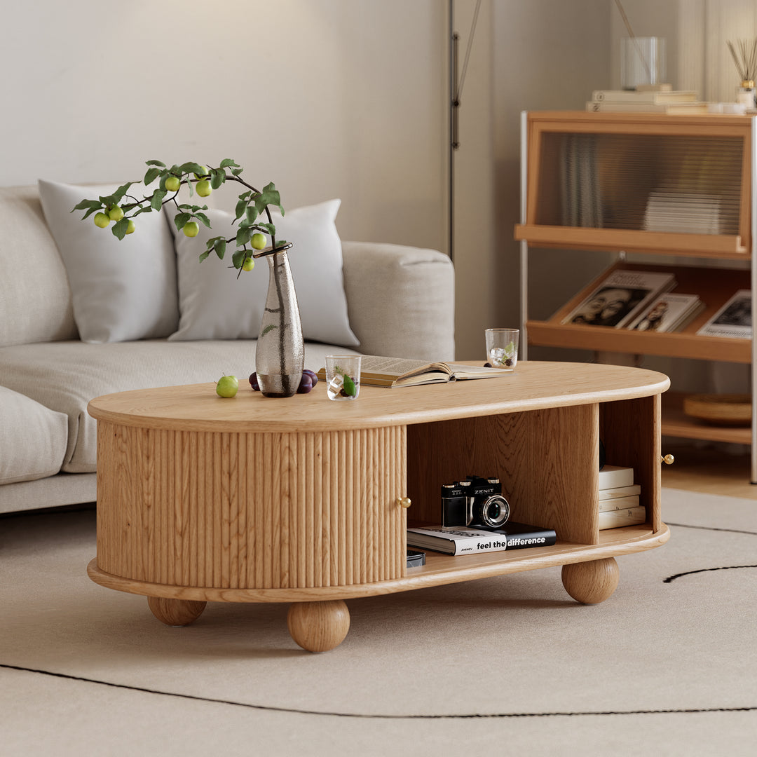 1100mm Modern Oval Natural Solid Wood Fluted Coffee Table with Storage