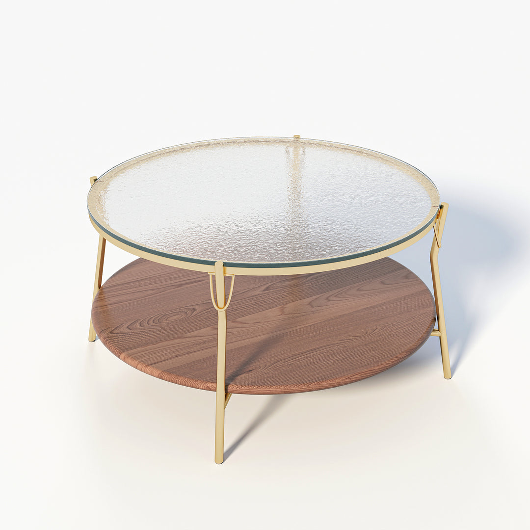 Glass Top Double-Layered Coffee Table with Metal Frame and Wood Layer