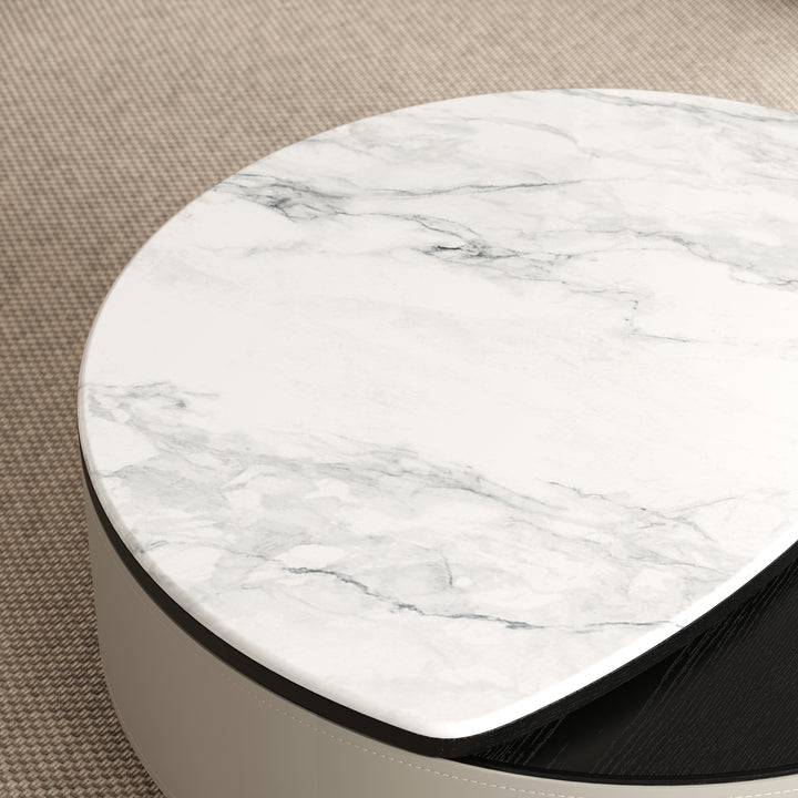 Round Lift-Top Coffee Table with Modern Faux Marble Tabletop and Leather Side