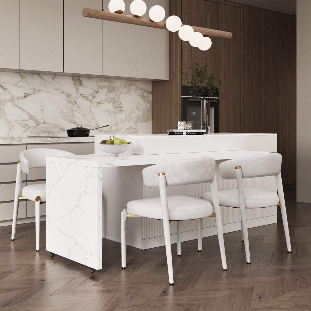 2050mm-2680mm Kitchen Islands Extendable Marble Pattern Top White Modern with Doors & Drawers