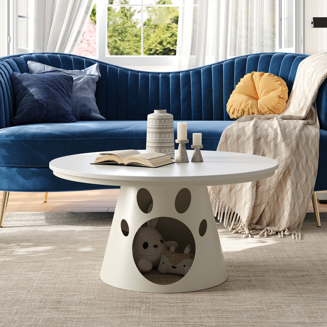 Modern Round Stone Top Coffee Table with Cat House Off-white Tabletop