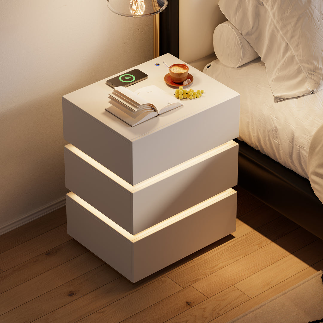 Smart 3-Drawer Nightstand with Charging Station Bedside Table with Light in White