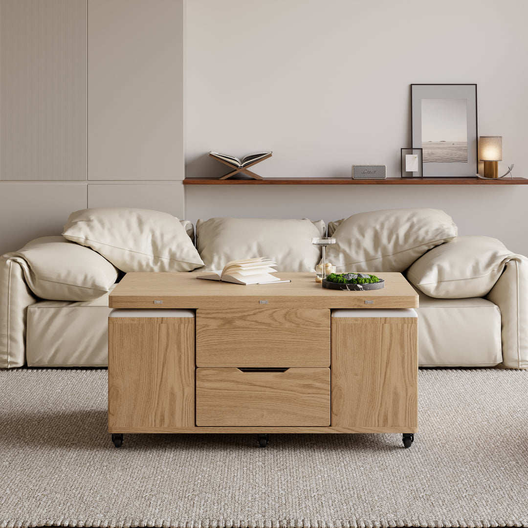 Modern Natural Lift Top Coffee Table 4 in 1 with Storage Ottoman Foldable and Casters