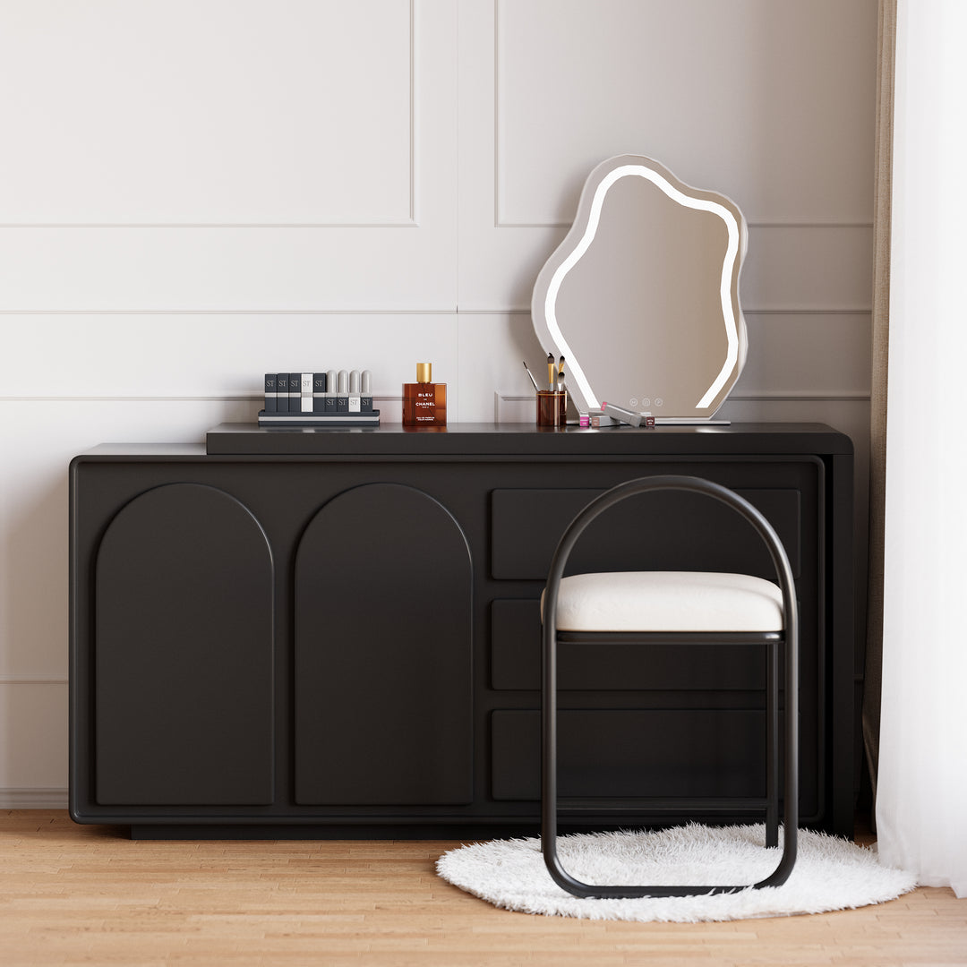 Modern White Makeup Vanity Retractable Dressing Table with Doors & Drawers Beauty Station for Bedroom