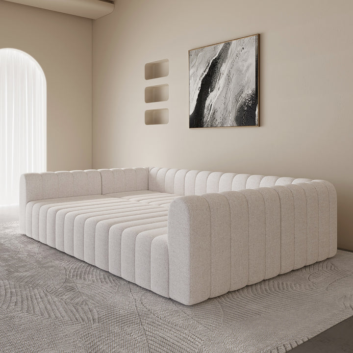 3020mm White Cotton Linen Modular Pit Sectional Sofa Set Convertible 6-Seater