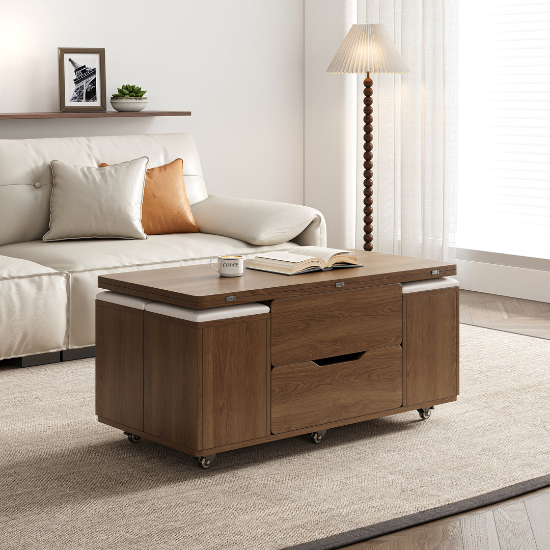 Modern Walnut Lift Top Coffee Table 4 in 1 with Storage Ottoman Foldable and Casters