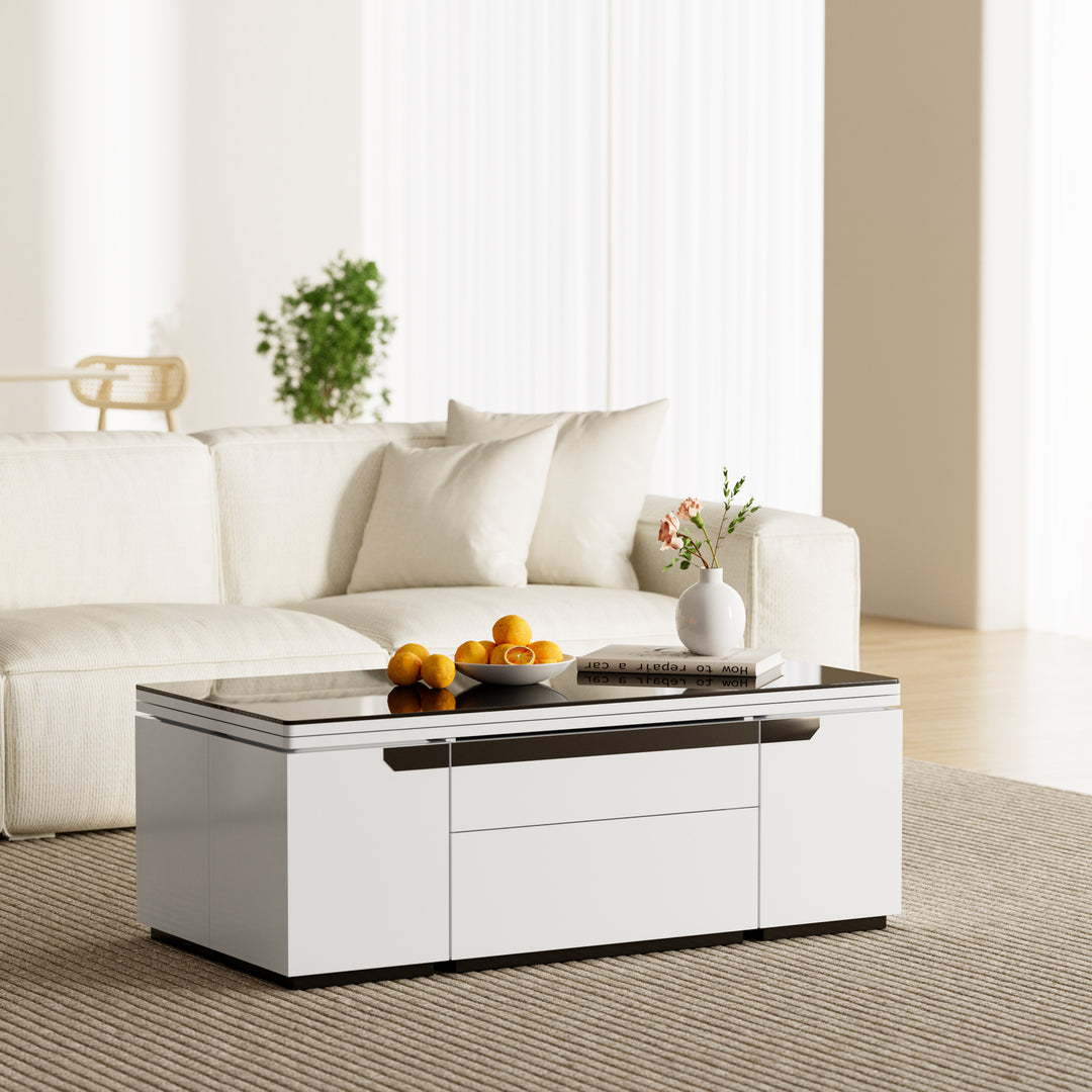 Modern White Lift Top Glass Coffee Table with Drawers & Storage Multifunction Table