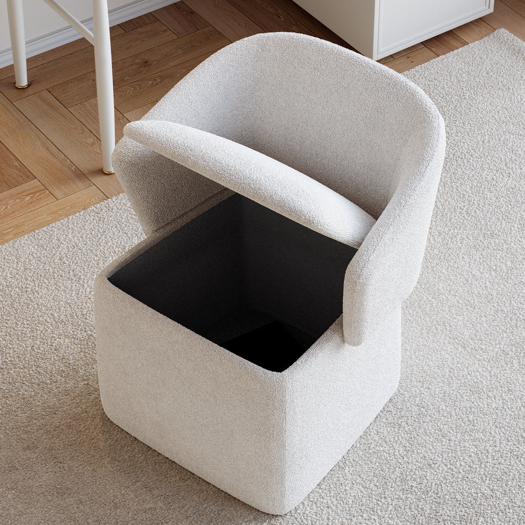 Modern White Boucle Vanity Stool with Storage