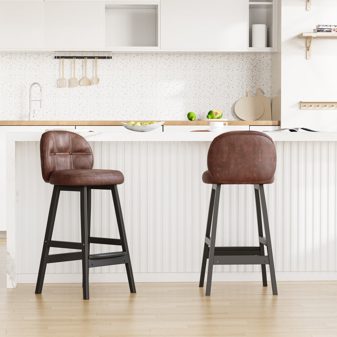 Set of 2 Rustic PU Leather Counter Stools with Upholstered Brown