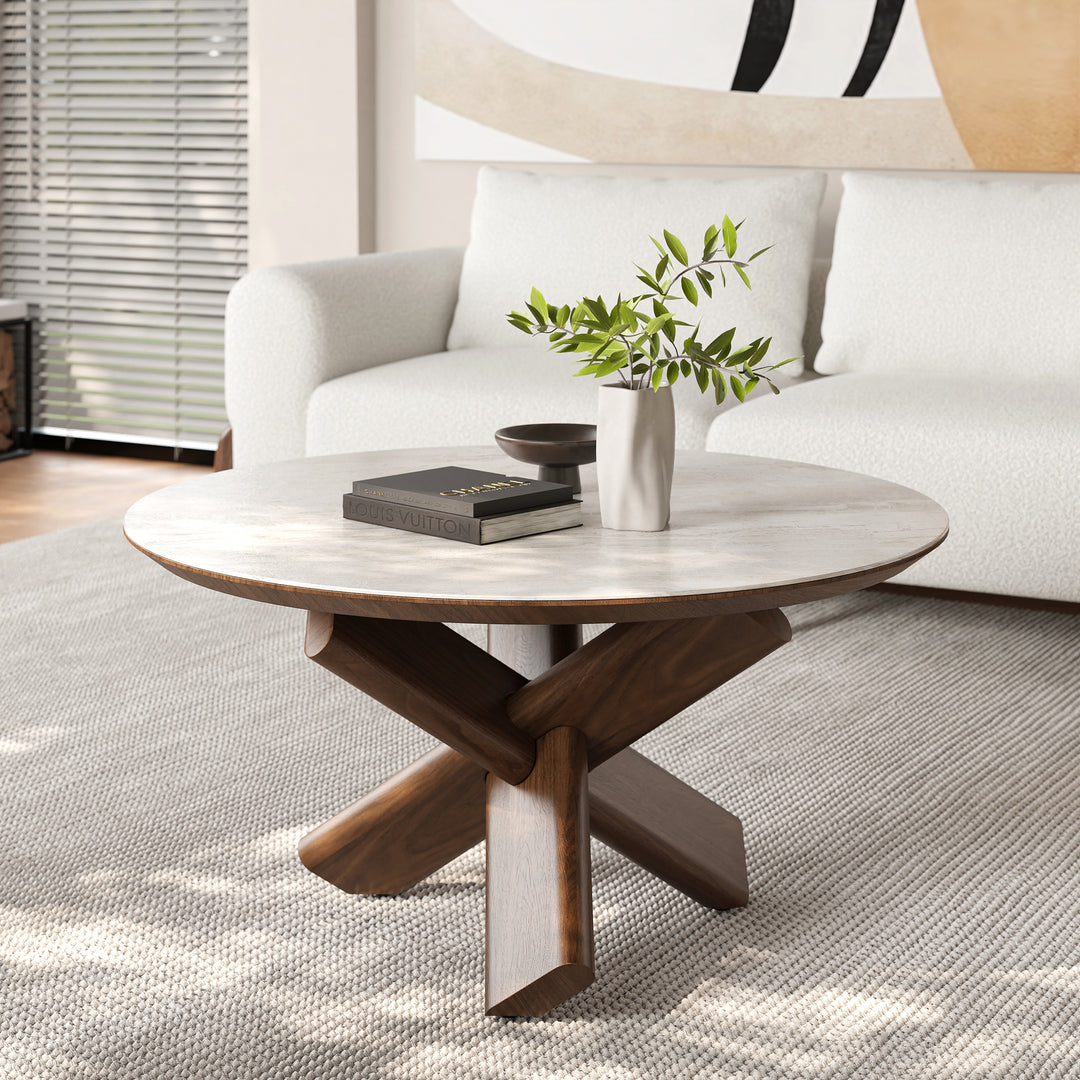 Mid Century Modern Sintered Stone Top Beige & Walnut Coffee Table with Solid Wood Base