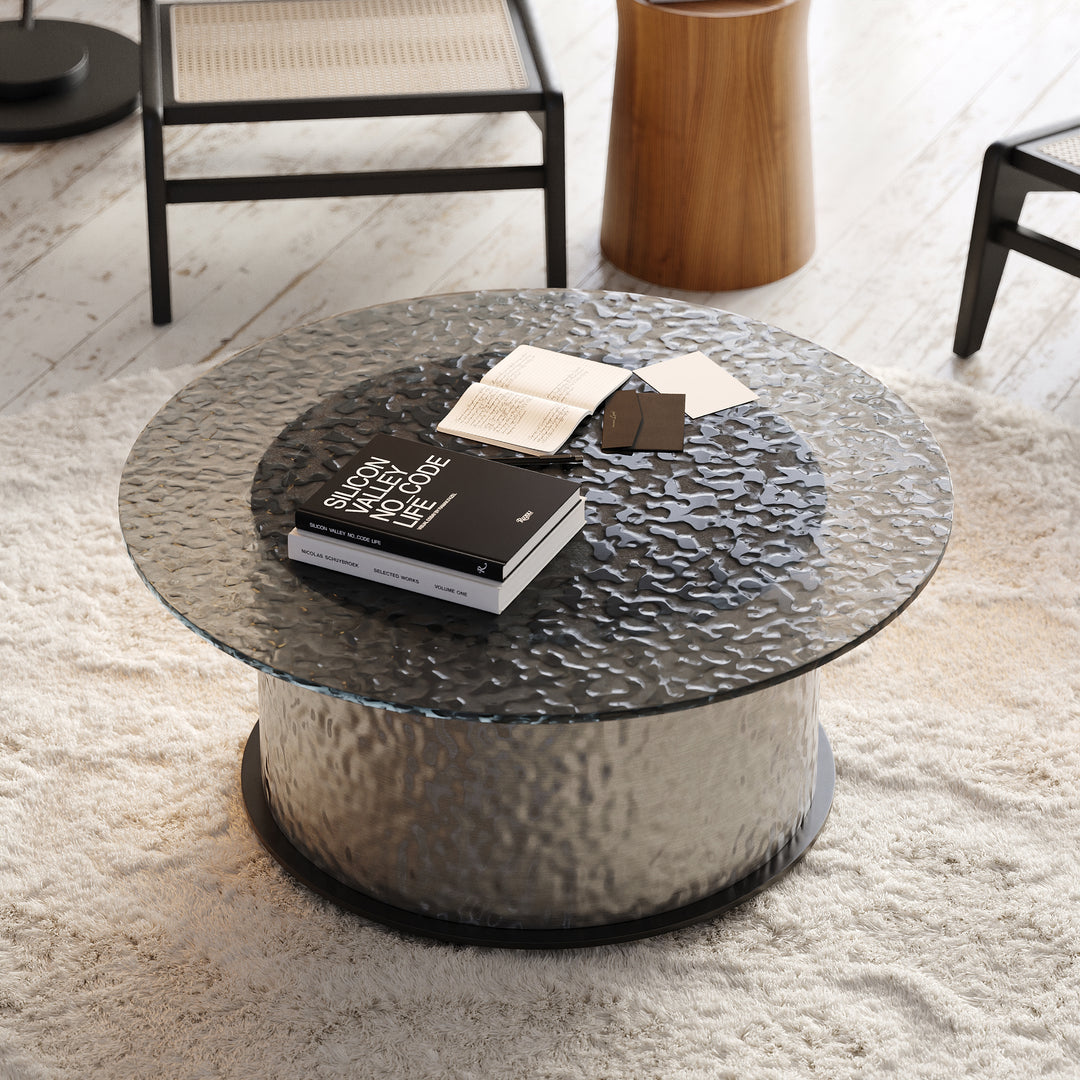 Glass Top Round Pedestal Coffee Table Modern LED Black with Stainless Steel Base