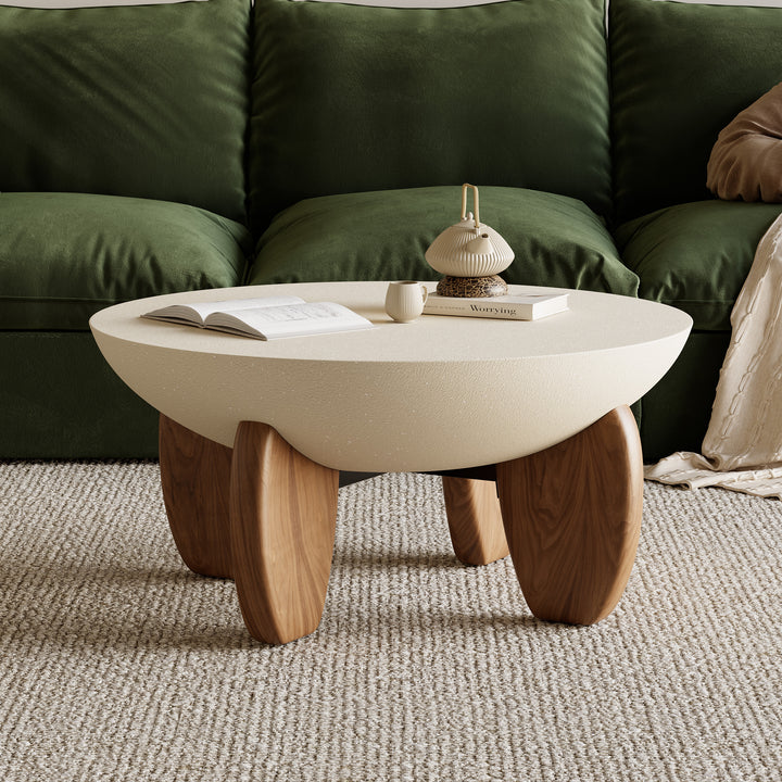 Curva Round Small Modern Beige & Walnut Coffee Table Concrete & Wood Accent Table