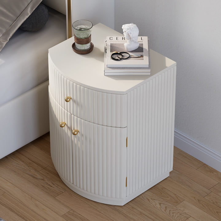 Modern Barrel White Fluted Nightstand in Faux Leather Bedside Table with Storage