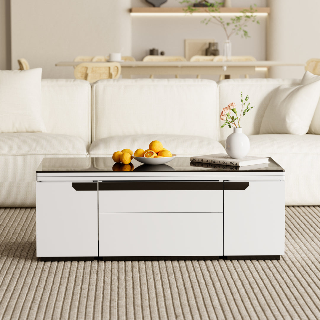 Modern White Lift Top Glass Coffee Table with Drawers & Storage Multifunction Table