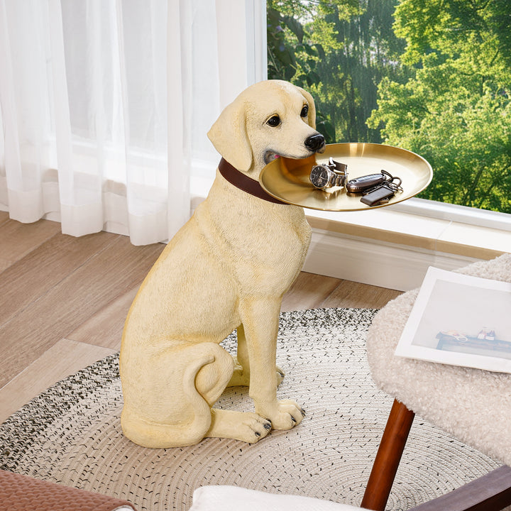 Modern Beige Resin Dog Sculpture Cute End Side Table with Stainless Steel Storage Tray