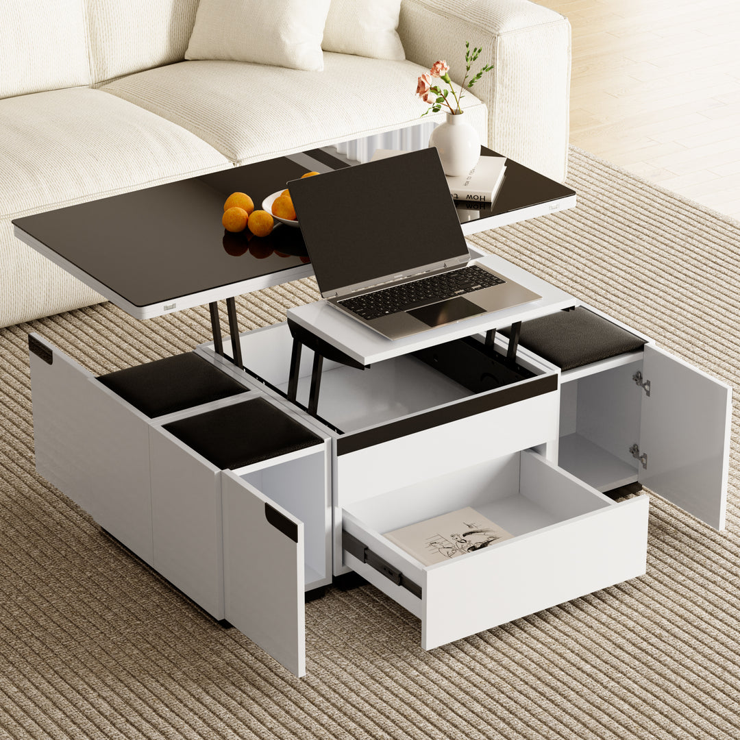 Modern White Lift Top Glass Coffee Table with Drawers & Storage Multifunction Table