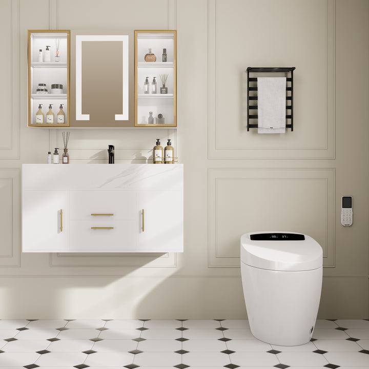 Automatic Smart Bidet Toilet with Auto Open/Close Lid White Horizontal Outlet Horizontal