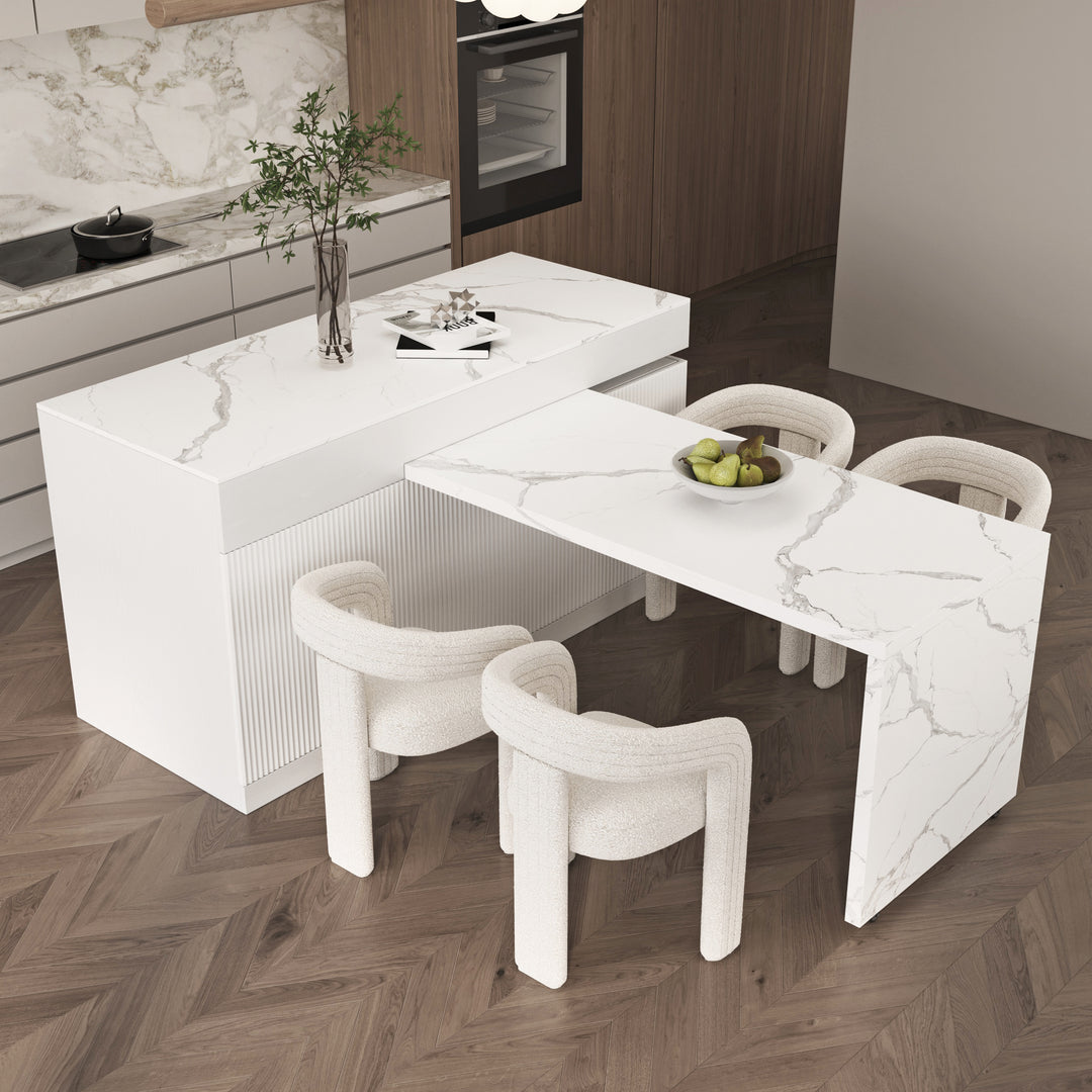 2050mm-2680mm Extendable Kitchen lsland & 2 White Boucle Dining Room Chair Set