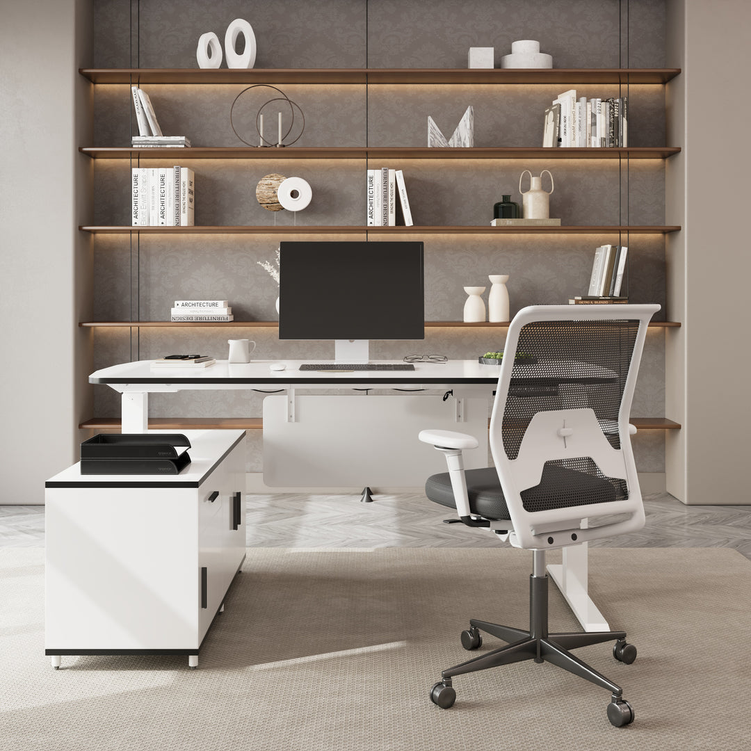 L Shaped Executive Office Desk Standing Desktop with 3 Doors & Drawer White Office Furniture Left Hand(1600mm)