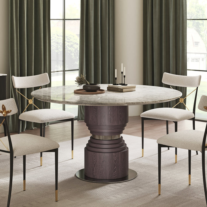 53.5" Round Dining Table Faux Marble for 6 Gray Modern with Solid Wood Pedestal