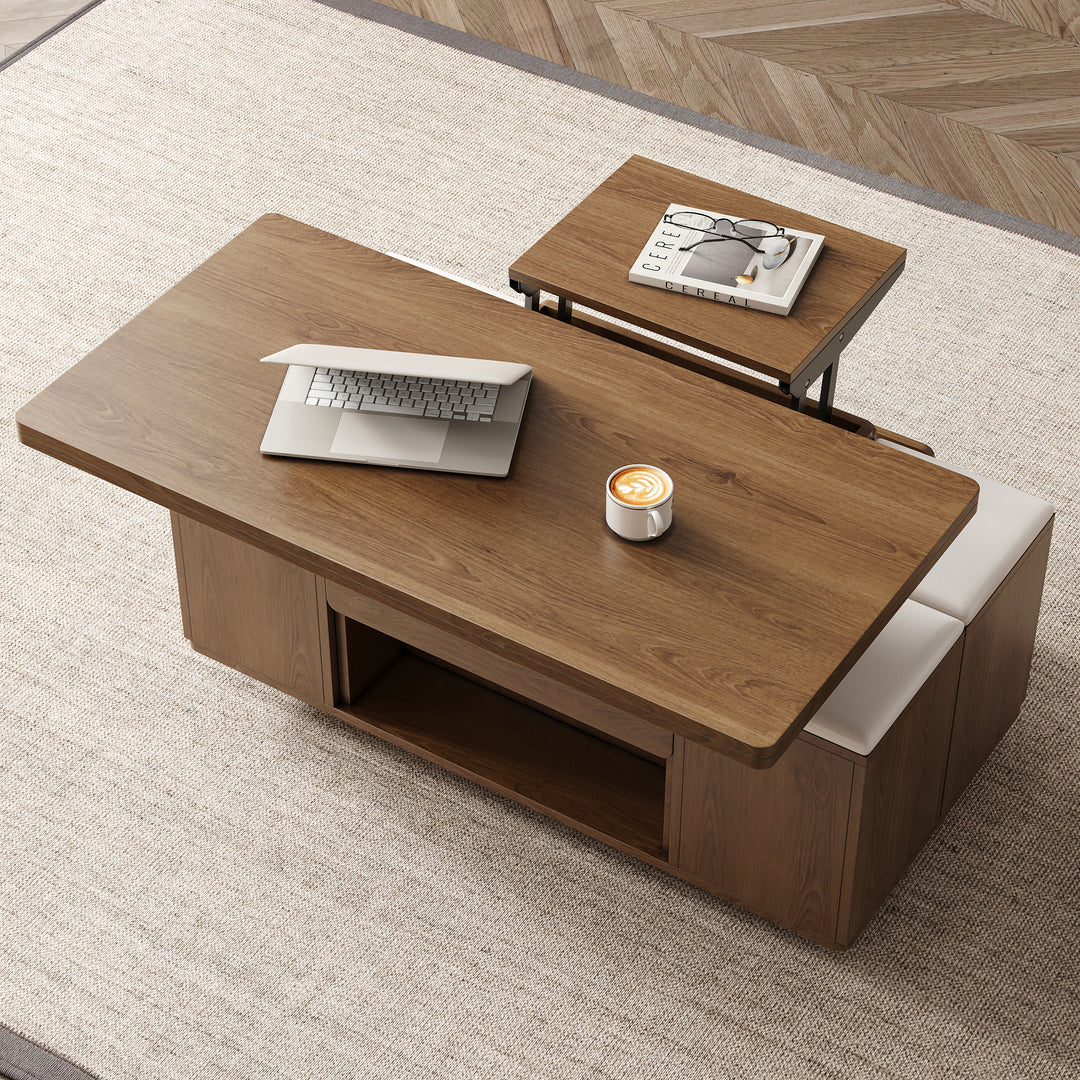 Modern Walnut Lift Top Coffee Table 4 in 1 with Storage Ottoman Foldable and Casters